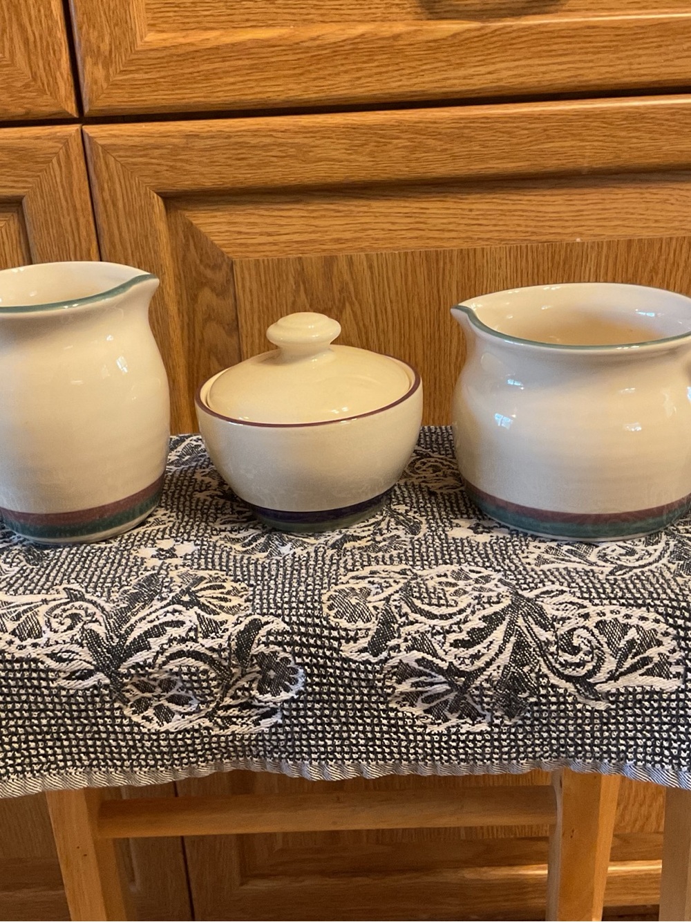 Pfaltzgraff Cream Ceramic Creamer and Sugar Set with Green and Brown Bands